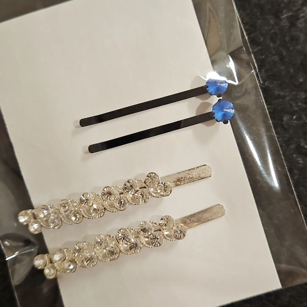 Set Of 4 Blue And Clear Rhinestone hair pins Special Occasion Bun Braid Prom